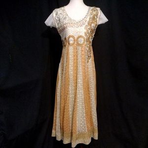 Handmade Indian Dress With Rhinestones Sequins Gold Metallic Thread Size S
